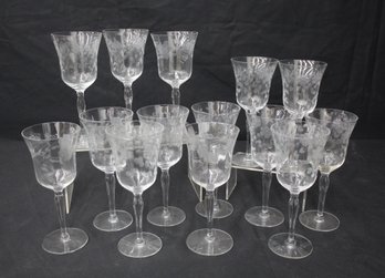 Set Of 11 Vintage Etched Crystal Wine Glasses  Floral & Vine Pattern