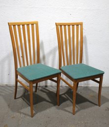 Pair Of Mid-Century Modern Slat-Back Dining Chairs With Teal Upholstery