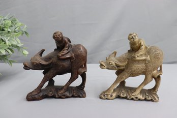 A Pair Of Chinese Wooden Water Buffalo Ox With Shoeless Riders Composite Figurines