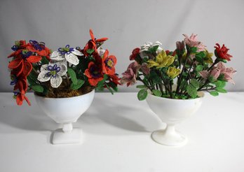 'Vintage Beaded Flower Arrangements In Milk Glass Vases  Set Of 2 Handmade Bouquets'