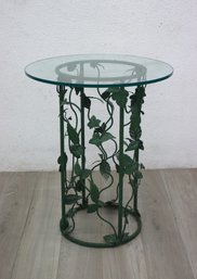 Glass Top & Green Leaf & Vine Wrought Iron Base  Pedestal Plant Table