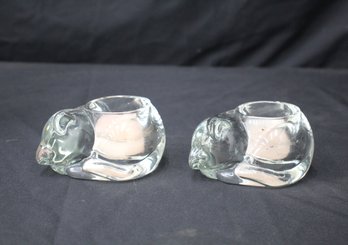 Vintage Indiana Glass Clear Crystal Sleeping Cat Candle Holder Set Of 2 Tealight