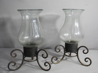 Pair Of Candelero With Smooth Glass On Iron Base