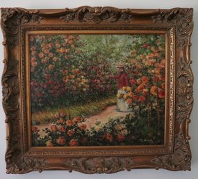 Framed Painting On Canvas Of A Woman In The  Garden