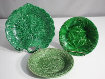 Set Of 3 Majolica Leaf Plates  Vintage Green Glaze, One Repaired