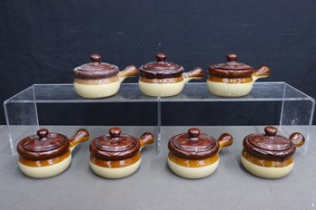 Group Lot Of 7 Classic Brown Stoneware Crocks With Handle And Lid