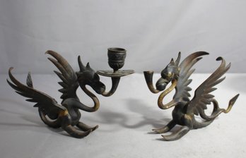 Pair Of Antique Brass Dragon Candle Holders- ( One Is Missing The Top Of The Candle )