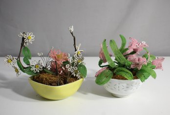 'Set Of 2 Vintage Beaded Flower Arrangements In Ceramic Bowls  Handmade Floral Art'