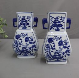Two Blue & White Chinese Porcelain Flower Motif Vases With Trunk Handles