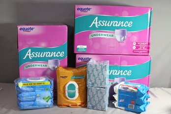 Personal Hygiene Group Lot:  Assurance Women's Maximum Absorbency Underwear, Cleansing Wipes, & Tissue Boxes