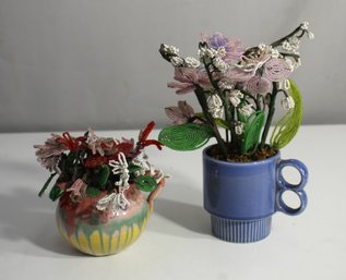 'Set Of 2 Vintage Beaded Flower Arrangements In Unique Ceramic Pots  Handmade Floral Decor'