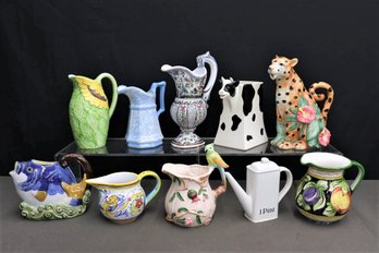Charming Menagerie Of 10 Ceramic Pitchers - Varied Styles, Countries, Colors, Types Etc