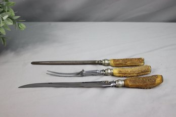 Bernard 3 Pc Carving Set With Hollow Antler Handles, Vintage Knife Fork And Sharpener