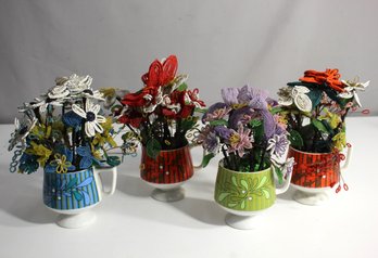 'Set Of 4 Vintage Beaded Flower Arrangements In Mid-Century Modern Mugs  Handmade Floral Decor'