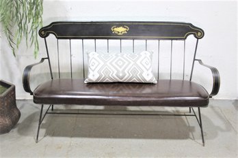 Vintage Colonial Windsor Style Bench - Metal And Wood With Padded Seat