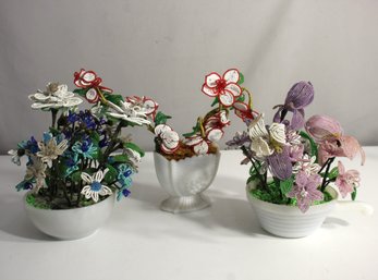 'Set Of 3 Vintage Beaded Flower Arrangements In Milk Glass  Pots  Handmade Floral Art'