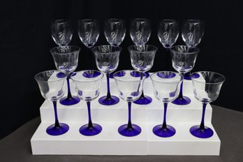 Group Lot Of Various Styles Cobalt Blue Stemmed Wine Glasses