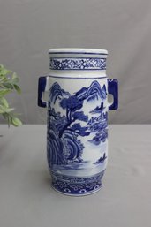 Chinese Blue & White Porcelain Vase With Notch Handles
