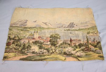 Unframed Old  Tapestry-Great -Landscape-Buildings/Trees/Mts-made In Frence