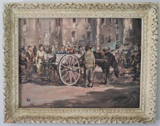 Framed Print Of A Man And Wagon On The Street / On Masonite