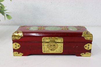 Chinese Red Wood Box With Brass Fitments  And Carved Stone Medallions, Red Lined With Extra Brass