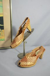 Vintage Woven Leather Slingback Heels - Size 7.5