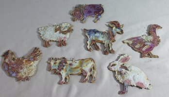 Group Of 7 Enameled Stoneware Farmhouse Animal Ornaments, Signed By Artisan