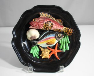 Vintage French Vallauris Majolica Plate Featuring Fish, Garlic, Seaweed, And Starfish