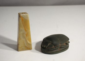 'Carved Stone Egyptian Scarab With Hieroglyphics  Onyx-like Finish'