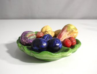 Vintage Majolica Fruit Basket Display Plate With Sculpted Fruits