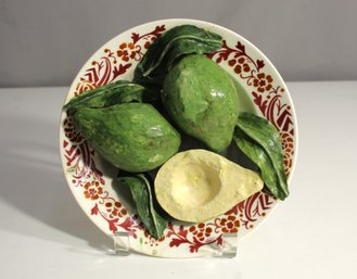 Vintage French Majolica Plate By Christine Viennet With Sculpted Avocados And Leaves