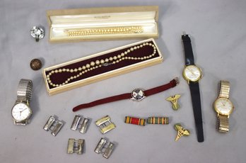 Group Lot Of Vintage Costume Jewelry, Watches, Pins