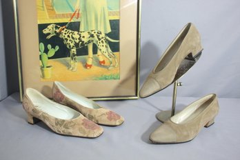 Two Pair Of Vintage Delman  Tan And Floral Low Heel  Pumps -Size 7.5M