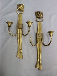 A Pair Of Vintage Brass Two Armed Wall Candlestick Sconces Hung By Ring In Lion's Mouth