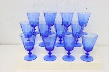 Group Lot Of 12 Light Cobalt Blue Glass Stemmed Goblets
