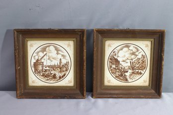 A Pair Of Vintage Sungott Studios Round Porcelain Pictorial Wall Tiles