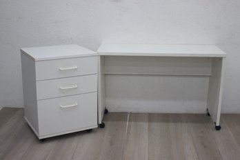 Contemporary Home Office White Desk And Rolling File Cabinet Set Rolling On Casters