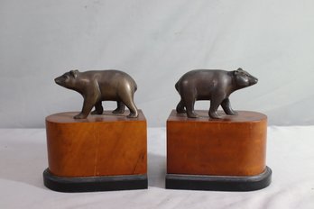 Vintage Pair Of Bronzed-finish Wall Street Bear Bookends On Wood Base