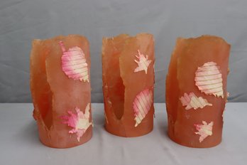 A Trio Of Studio Art Glass Ancient Ruin Style Coral Orange Candle Shades