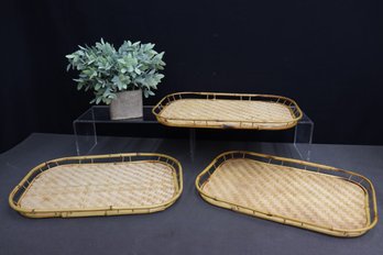 Three Woven Cane And Bamboo Serving Trays - Bamboo Gate Rail, Wood Plank Bottom