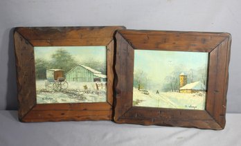 Pair Of Rustic Countryside Winter Prints By E. Woodson