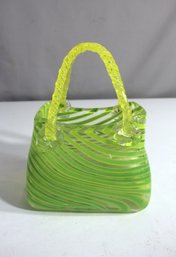 Vintage Lime Green Art Glass Purse Lime Green Yellow Striped Swirls