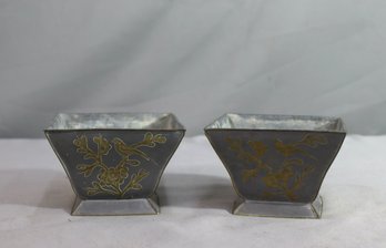 Two Chinese Bimetallic Bird Inlay Footed Bonsai Planters