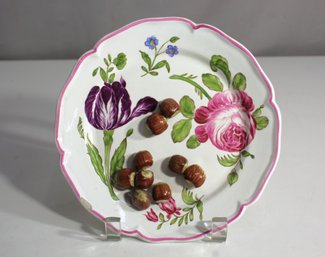 Vintage Majolica Floral Plate With Sculpted Hazelnuts  Small Chip On Rim