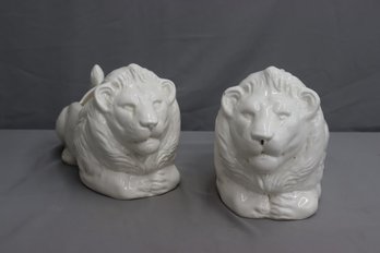 A Pair Of Vintage White Glazed Ceramic Lion Planters