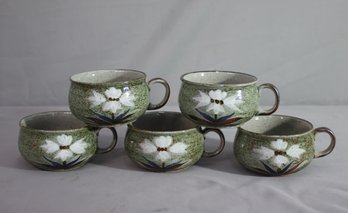 Group Lot Of 5 Stoneware Art Pottery White Flower Mugs