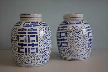 Blue And White Lidded Jars