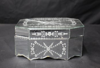 Bombay  Mirrored Glass Jewelry Box With Etching Black Velvet Lining