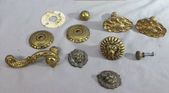 Box Full Of Brass And Mixed Metal Drawer Pulls, Knobs, & Other Fittings