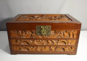 'Antique Hand-Carved Wooden Flatware Chest With Brass Hardware  Red Velvet Interior'